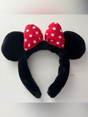 Black Plush Minnie Mouse Ear Headband with Red Polka Dot Bow